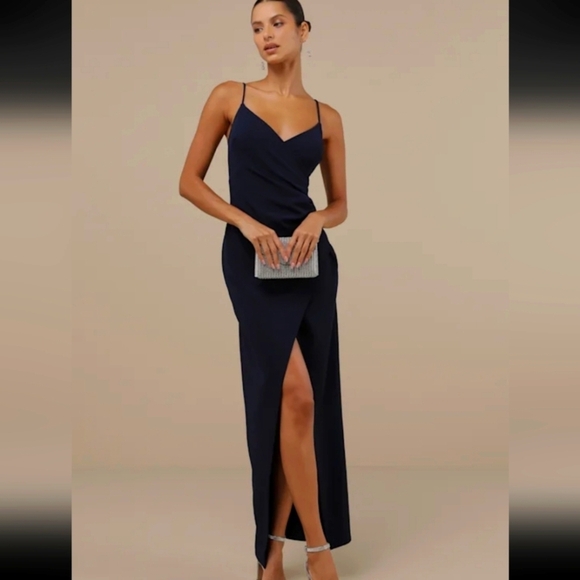 Lulus Sweetest Admirer Navy Blue Ruched Surplice Maxi Dress Size XS NWT - Picture 1 of 11